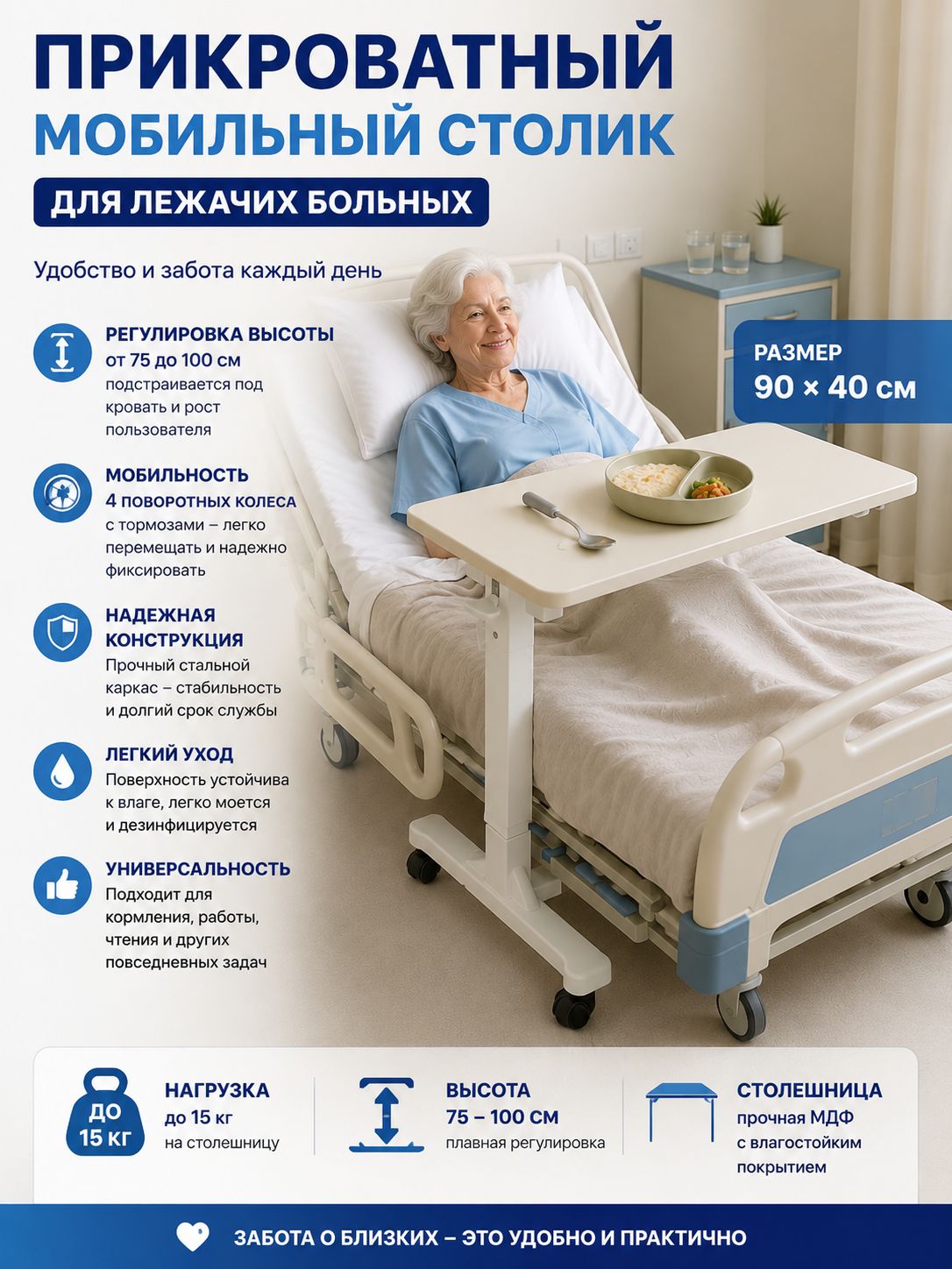 Стол прикроватный мобильный для лежачих больных, белый
