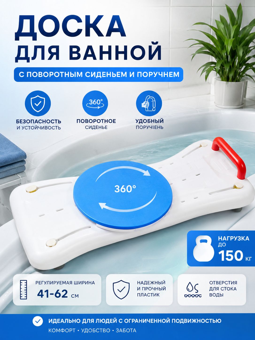 Доска сиденье для ванной с поворотным сиденьем и поручнем